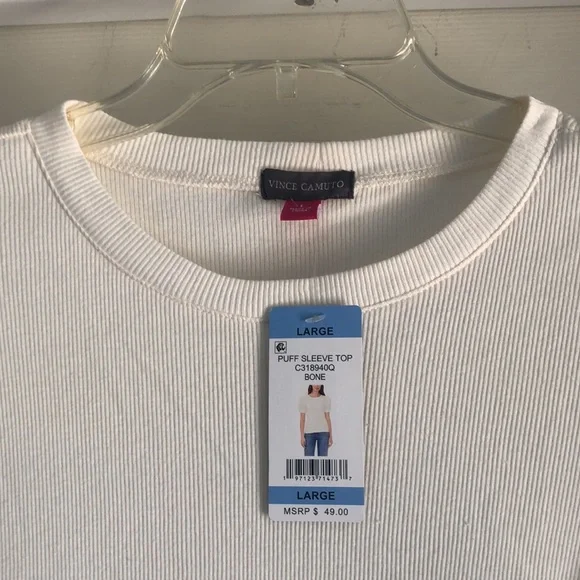 NWT Vince Camuto Puff Sleeve Top Bone Short Sleeve New Ribbed Size Large L New - Picture 3 of 8